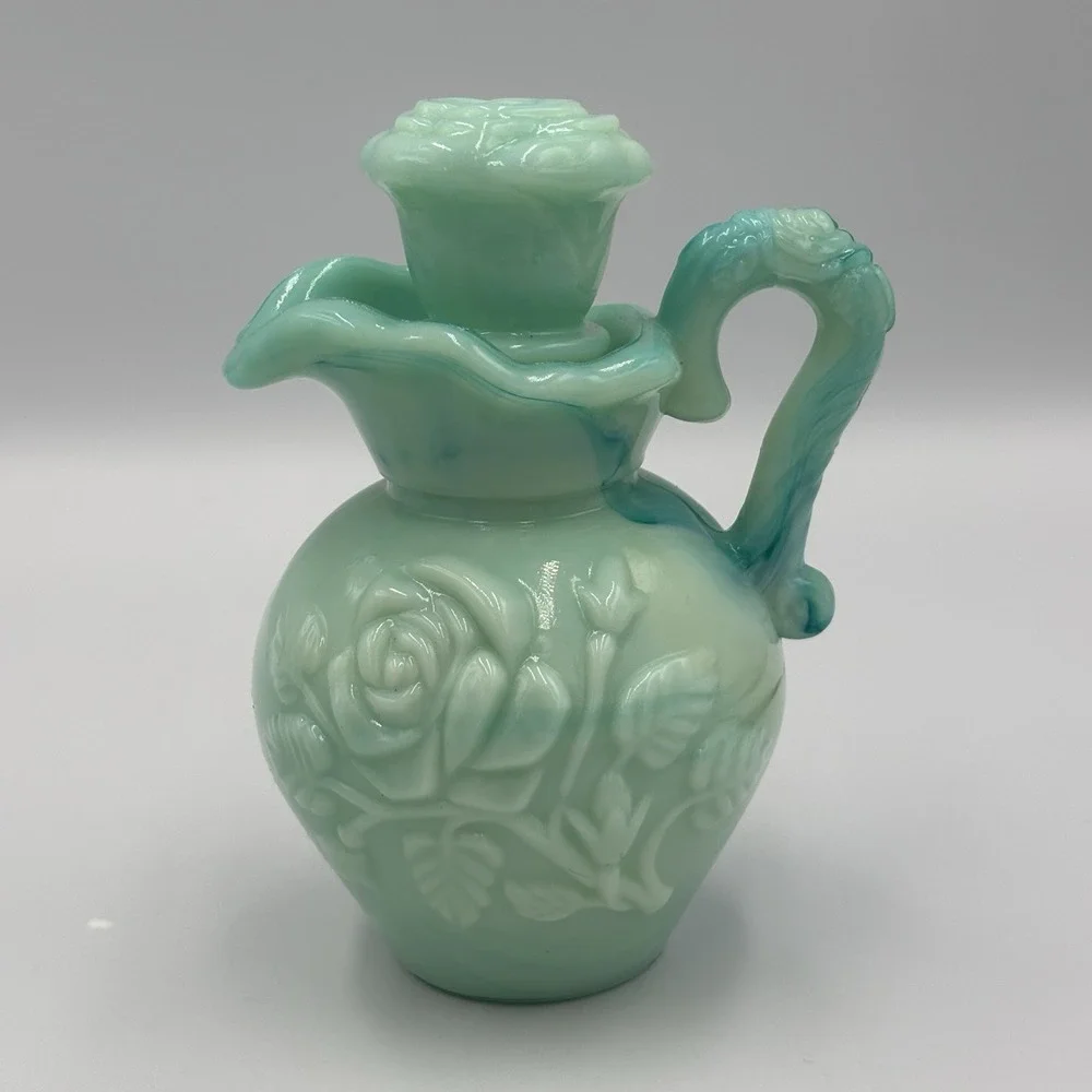 Vintage Avon Aqua Blue Jade Rose Mini Pitcher Bowl Vanity Bottle Set Grandmacore